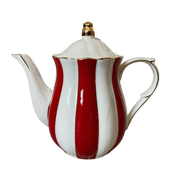 Grace Teaware Fine Porcelain Teapot Holiday Red White Gold Peppermint Stripe New - Picture 2 of 16